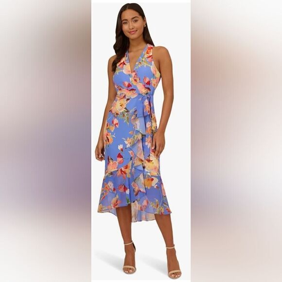 Adrianna Papell Dresses & Skirts - Adrianna Papell Floral Stretch Crepe Halter Dress High-Low Hem NWT Size 14 blue